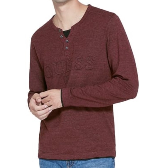 GUESS Reese Logo Marled Henley Long Sleeve Shirt - Picture 1 of 6